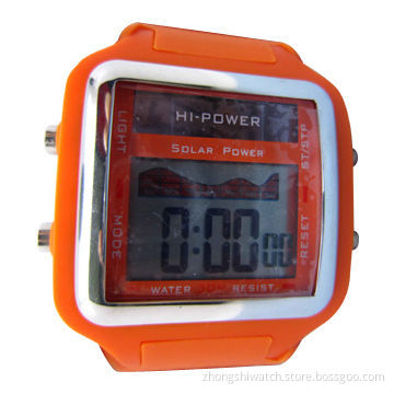 LED Digital Sports Alarm Wristwatch/Stopwatch for Students with Time/Date/Solar Power Battery